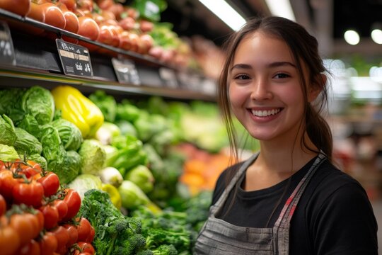 Smiling grocery store employee standing by fresh produce