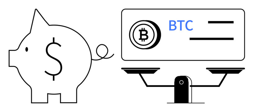 Piggy bank with dollar symbol contrasted by scale weighing cryptocurrency BTC. Ideal for blockchain, digital finance, investments, saving, fintech, modern money, financial literacy. Simple flat