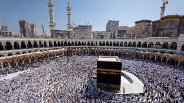 Vast pilgrims circle the Kaaba in Mecca's Haram, beneath arches and minarets, under bright blue sky - Silence