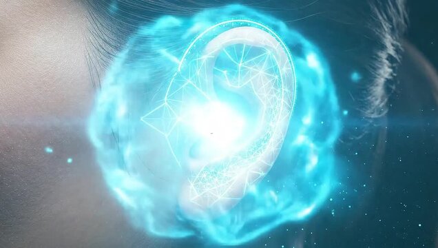 Cutting edge hearing technology with digital interface enhancing auditory experience and sound innovation, a futuristic ear for communication advancements