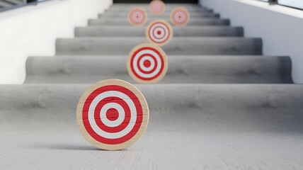 Multiple red and white circular dartboard targets are placed on the steps of a concrete staircase leading upwards symbolizing goals and progress