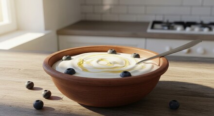 A bowl of yogurt topped with blueberries and drizzled with honey sits on a wooden table beside a spoon with a kitchen setting in the background