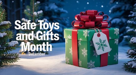 Festive green and red wrapped gift box with a large red bow in a snowy winter forest setting with christmas trees and soft light