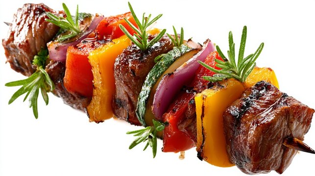 Juicy shish kebab with vegetables and rosemary garnish, isolated on white, top view