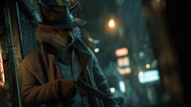 Un zorro antropom&oacute;rfico con un sombrero y un abrigo, sosteniendo un rev&oacute;lver en una calle lluviosa y oscura.