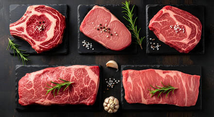 Slices of Premium Raw Beef Steaks Arranged on Slate Boards, Garnished with Rosemary
