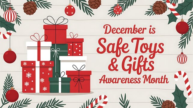 December is safe toys and gifts awareness month with a festive holiday illustration of stacked presents and christmas decorations