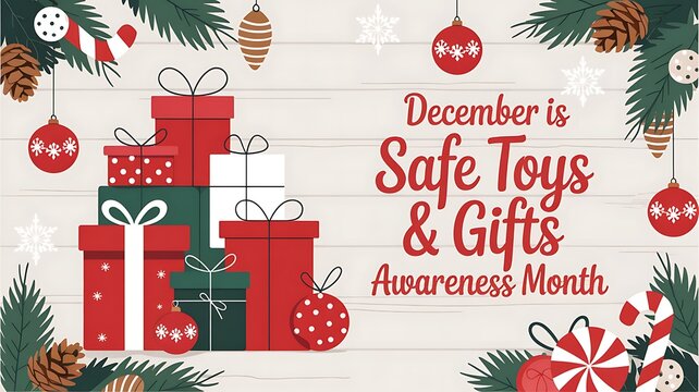 December is safe toys and gifts awareness month with festive holiday decorations and presents promoting child safety during the festive season