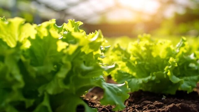 Close-up of lush, vibrant green lettuce growing in fertile soil, with sunlit background