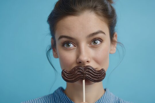 Una joven con un bigote de chocolate en la boca, mostrando una expresi&oacute;n divertida.