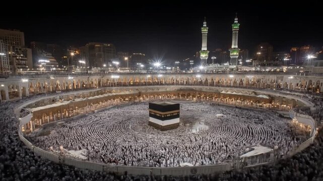 Aerial view of the Kaaba surrounded by dense pilgrims circling the sacred site at dusk. at nightfall