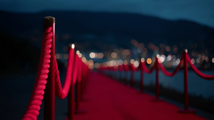 A red velvet rope barrier lines a pathway at night, with blurred city lights in the background creating a bokeh effect and a sense of depth and exclusivity