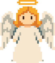 A cute 8 bit retro pixel art angel with golden hair, soft wings, and a glowing halo for Christmas designs, video-game&ndash;inspired art, festive greeting cards, decorations., invitations, banners