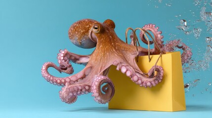 Cute Octopus Swims With Eco Shopping Bag in Clear Water Against Pastel Background for Sustainable Lifestyle Theme