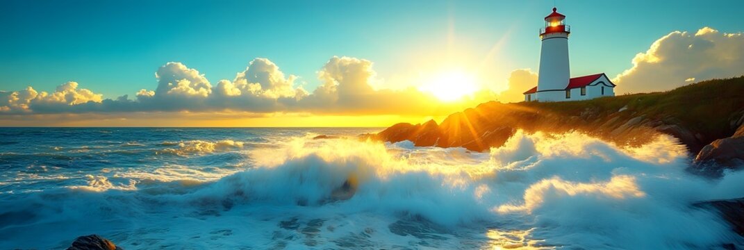 Breathtaking view of a lighthouse at sunrise beside crashing waves along the rocky coastline