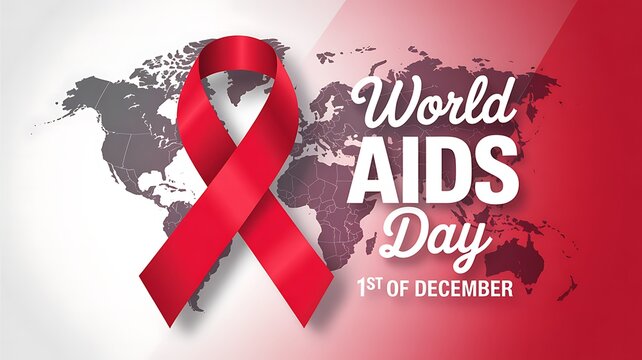 World aids day awareness graphic featuring a prominent red ribbon symbol superimposed on a stylized world map background