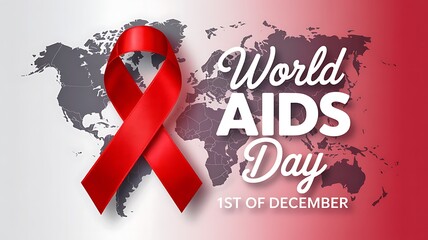 World aids day awareness on december 1st with a red ribbon symbol against a world map background and gradient