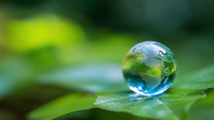 A small transparent globe with Earth's continents rests on a vibrant green leaf, symbolizing environmental care and the connection between nature and the planet