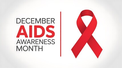 Red ribbon symbolizing aids awareness month in december with text on a light background