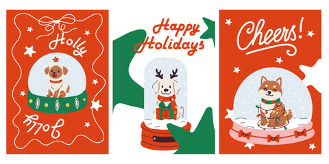 Festive Holiday Cards with Cute Dogs in Snow Globes