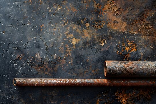 Rustic weathered metal pipes with textured dark background