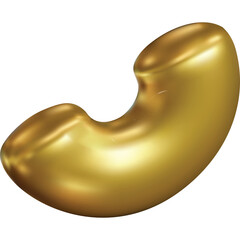 Shiny golden macaroni shape on transparent background isolated object with reflective surface and smooth texture studio lighting