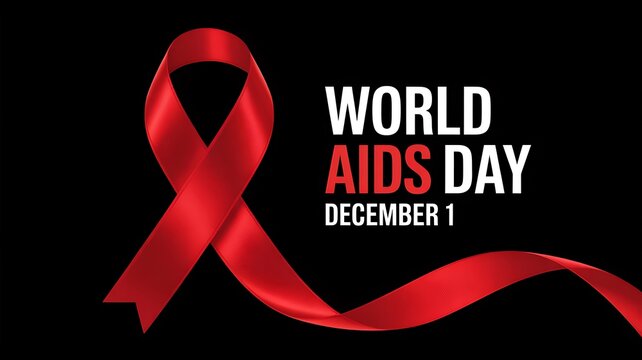 Red ribbon symbolizing world aids day awareness and support on a black background with text - Powered by Adobe