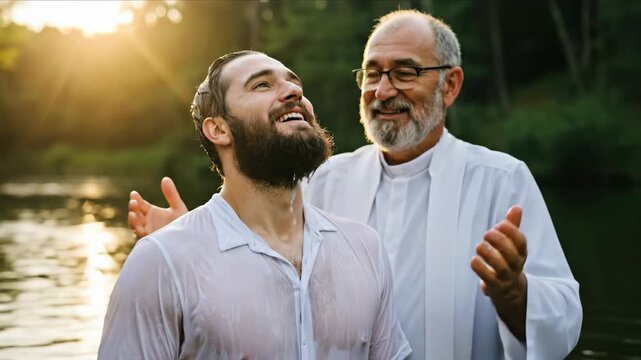 Young man being baptized in river by priest. Christian rite of baptism and spiritual renewal.