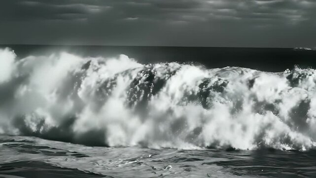 Surfers riding massive waves in the ocean, capturing the thrill of adventure and freedom, perfect for use as a dynamic background or visual element in sports, outdoor, or travel themed video.