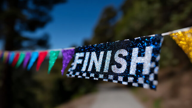 Glittery "FINISH" banner with colorful triangular flags strung across an outdoor path, signaling the end point of a race or event on a sunny day