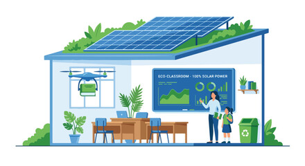 Flat Vector of a Modern Classroom with Solar Panel, Drone Delivering Books, Smart Board, and Eco-Tech Style for Education and Technology Concept