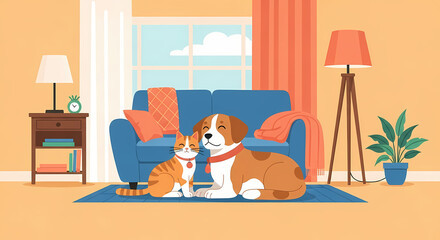 A heartwarming illustration showing a ginger cat and a beagle-type dog snuggling together affectionately on the floor of a cozy, sunlit living room. Represents pet companionship, friendship