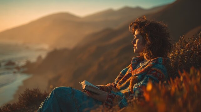 Woman enjoying a book on a cliff overlooking mountains and ocean.