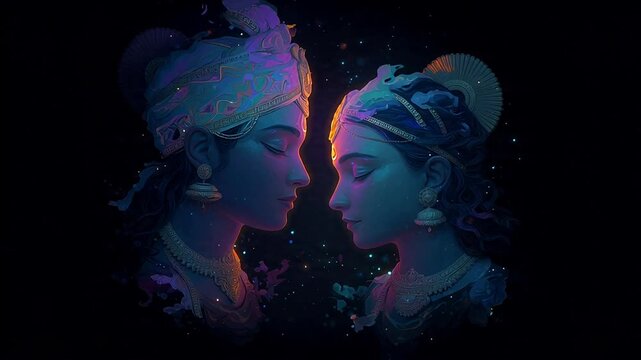 Digital Artwork of Krishna and Radha Facing Each Other with Traditional Attire and Jewelry in a Mystical Style