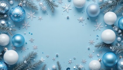 Dreamy winter wonderland scene featuring sparkling ornaments, delicate snowflakes and festive fir branches on a soft blue background for holiday magic