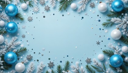 Elegant winter holiday background with blue and white ornaments, snowflakes, and frosted pine branches for festive designs and seasonal promotions