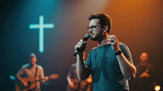 Young caucasian man singing and worshiping with other musicians on stage in church. Religious prayer concert for cristian ceremony.