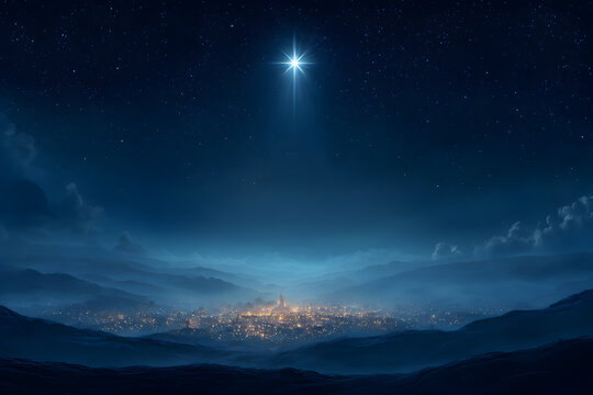 A dramatic night sky over Bethlehem with a single shining star glowing brilliantly