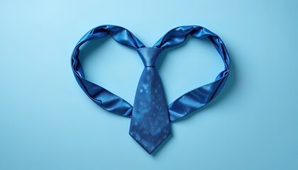 Stylish blue tie artfully arranged in a heart shape against a cool blue backdrop, perfect for Father's Day promotions or sophisticated design projects.