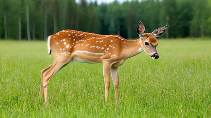 Young deer grazing in green meadow with blurred forest background, peaceful and natural scene