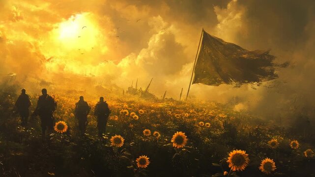 Dramatic scene of soldiers walking through sunflower field with large flag under golden sky and rising sun