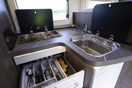 small kitchen in a camper van