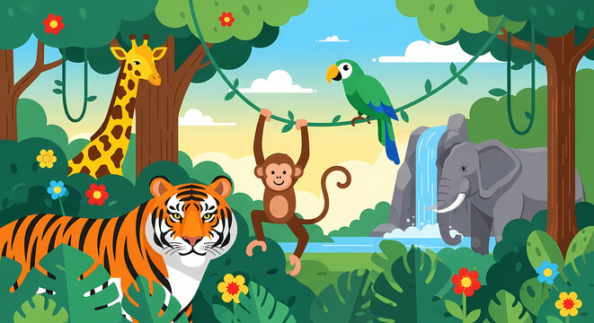 A vibrant, dense illustration of a tropical rainforest with various wild animals including a tiger, elephant, giraffe, monkey, and parrot, near a waterfall. Represents nature, wildlife, tropics
