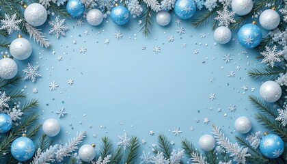 Elegant winter holiday background with snowflakes and ornaments in soft blues and whites, perfect for seasonal promotions or festive greeting cards