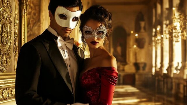 Elegant couple in masks at luxurious masquerade ball in palace with golden interior and evening attire