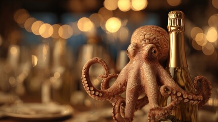 Realistic Octopus Elegantly Holding a Wine Bottle in a Luxuriously Set Dining Space