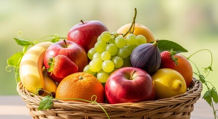 A wicker basket filled with various fruits apples bananas grapes strawberries oranges a fig and a lemon