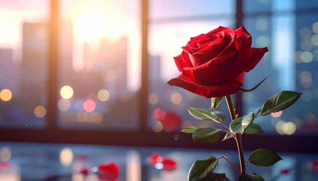 Red rose in room with bokeh background. Stock photo zoom office background on Valentine's Day.