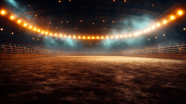 Bright arena ready for a thrilling rodeo show with an excited crowd waiting for action