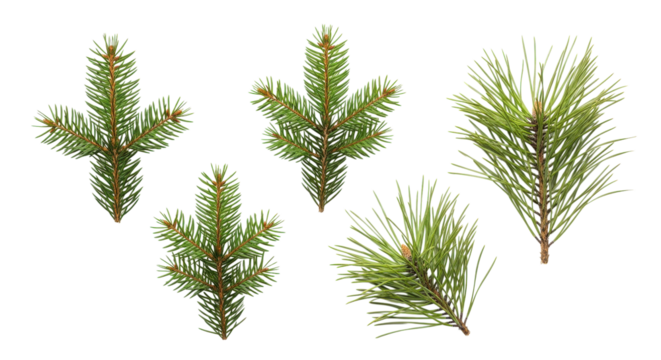 set of different christmas tree branches: pine, fir, spruce tree isolated on white or transparent png